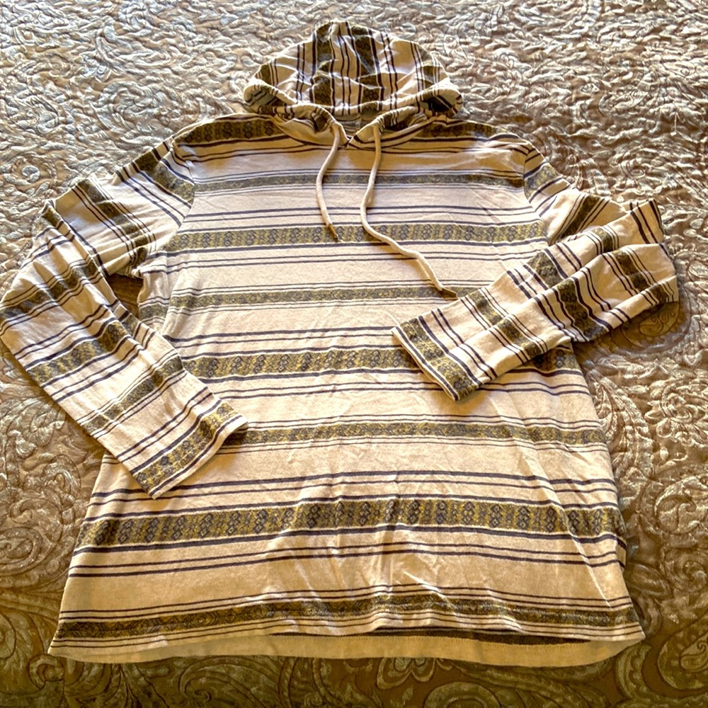 Sun & Stone beige/ olive striped l/s hoodie shirt men’s Sz XL